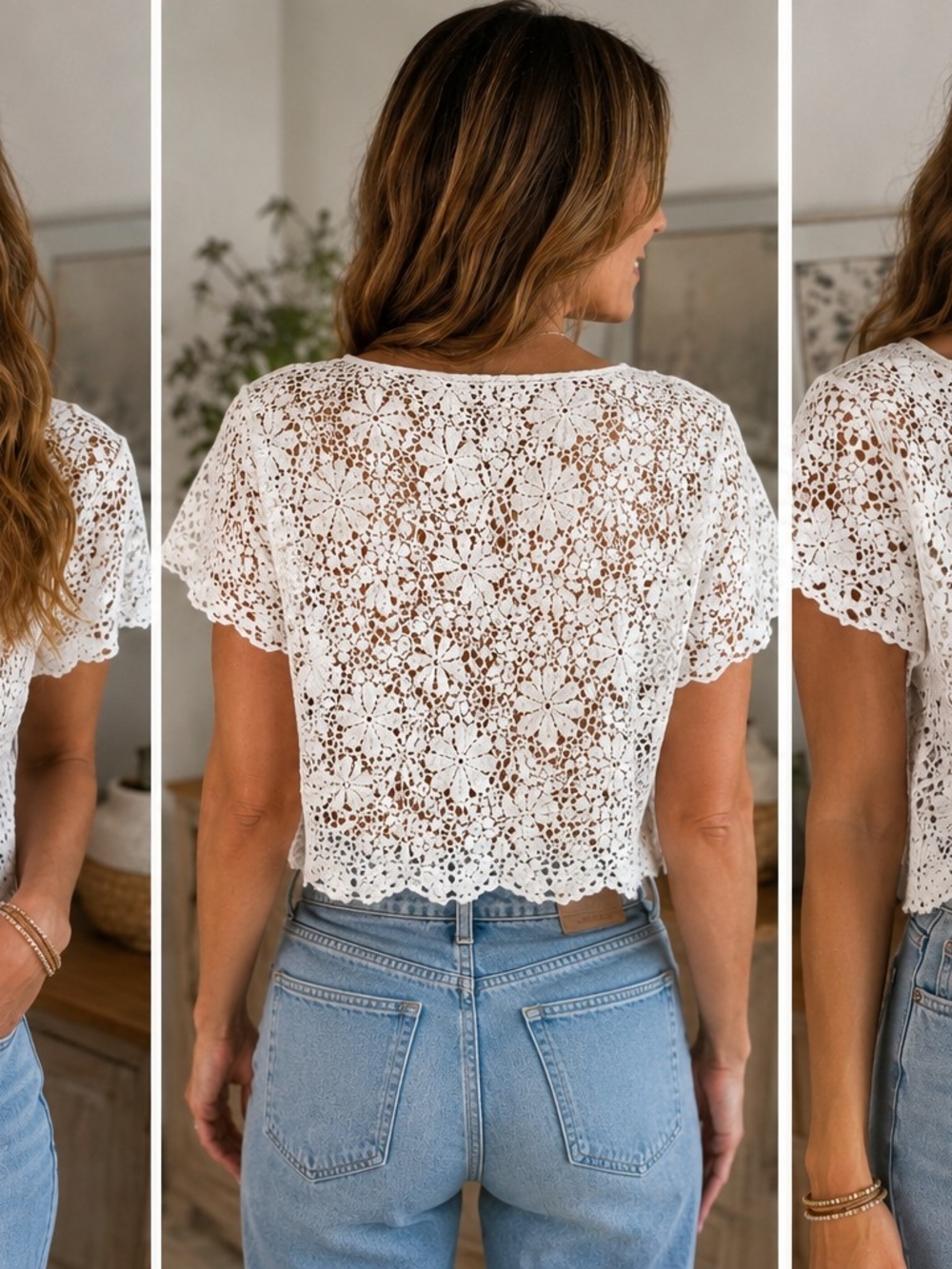 Ruby Rd. White Crochet Floral Short Sleeve Crop Top